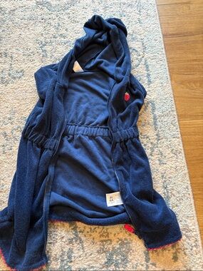 Navy Hooded Girls terry swim suit cover with Strawberry Accent 4t